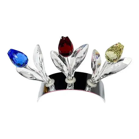 Swarovski Crystal 3 TULIP FLOWERS & DISPLAY STAND Holder Red Yellow Blue 3-1/2